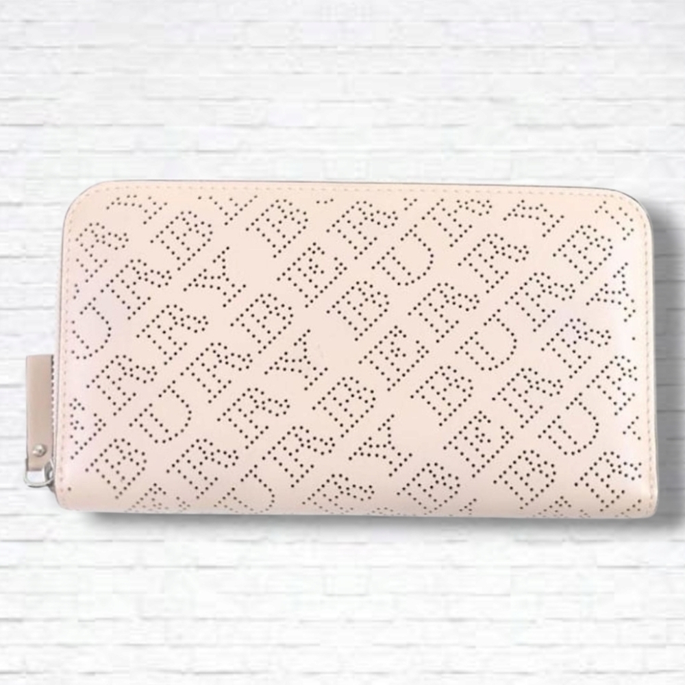 Burberry Calfskin Pale Fawn Pink Perforated Logo Zip Around Continental Wallet